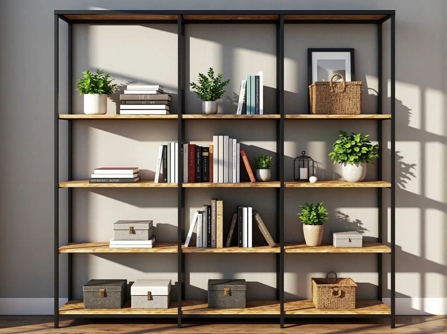 Aranżacja małego mieszkania z otwartym regałem industrialnym, który optycznie powiększa wnętrze.