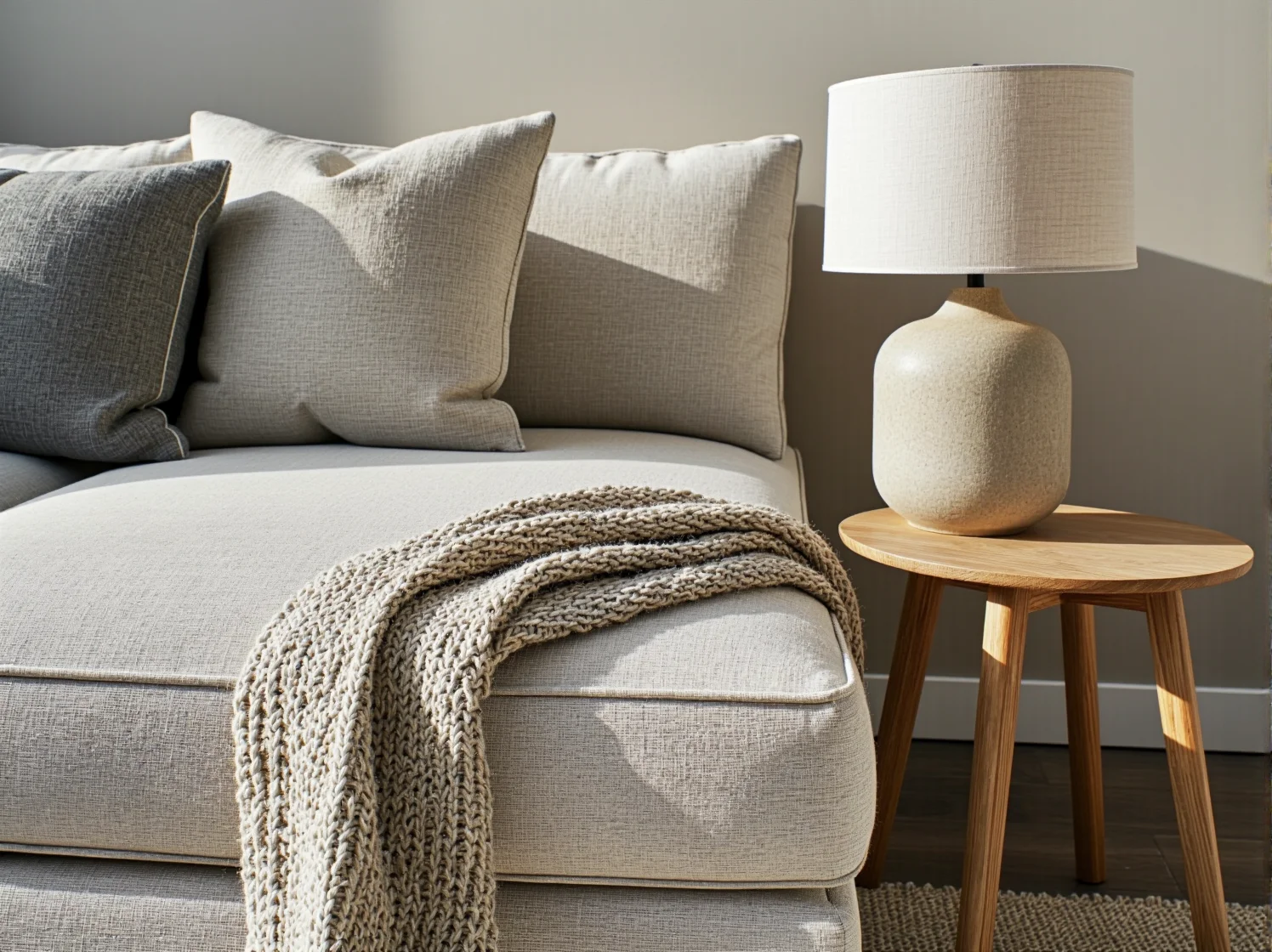 Nowoczesny beżowy narożnik dopasowany do jasnej kolorystyki salonu w stylu skandynawskim.