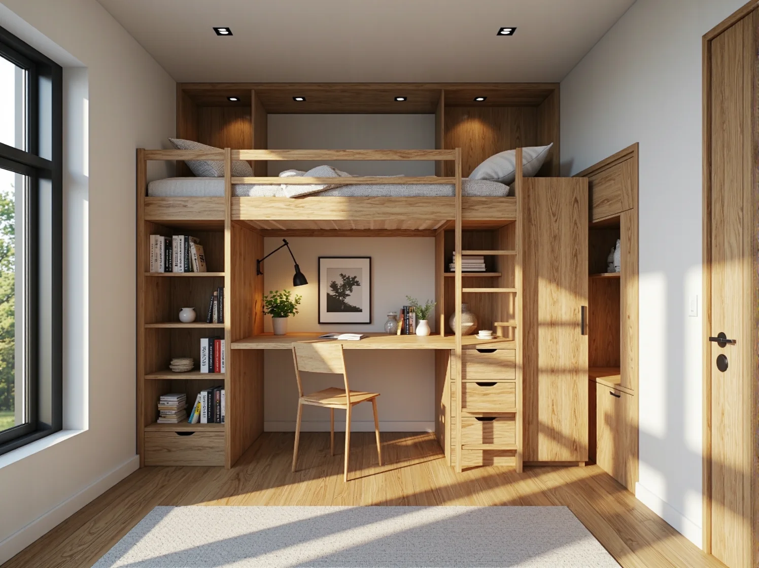 Białe, drewniane łóżko piętrowe dla rodzeństwa z barierką ochronną, zapewniające bezpieczeństwo w małym pokoju.