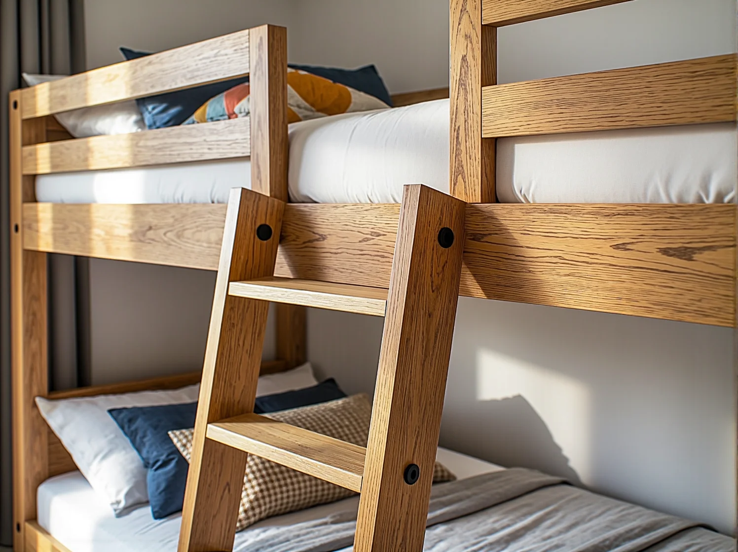 Bezpieczne łóżko piętrowe z solidną drabinką i barierkami ochronnymi dla dzieci.
