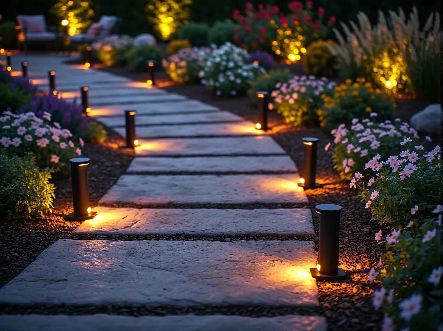 Nowoczesne oświetlenie ogrodowe zapewniające bezpieczeństwo gości podczas imprezy.