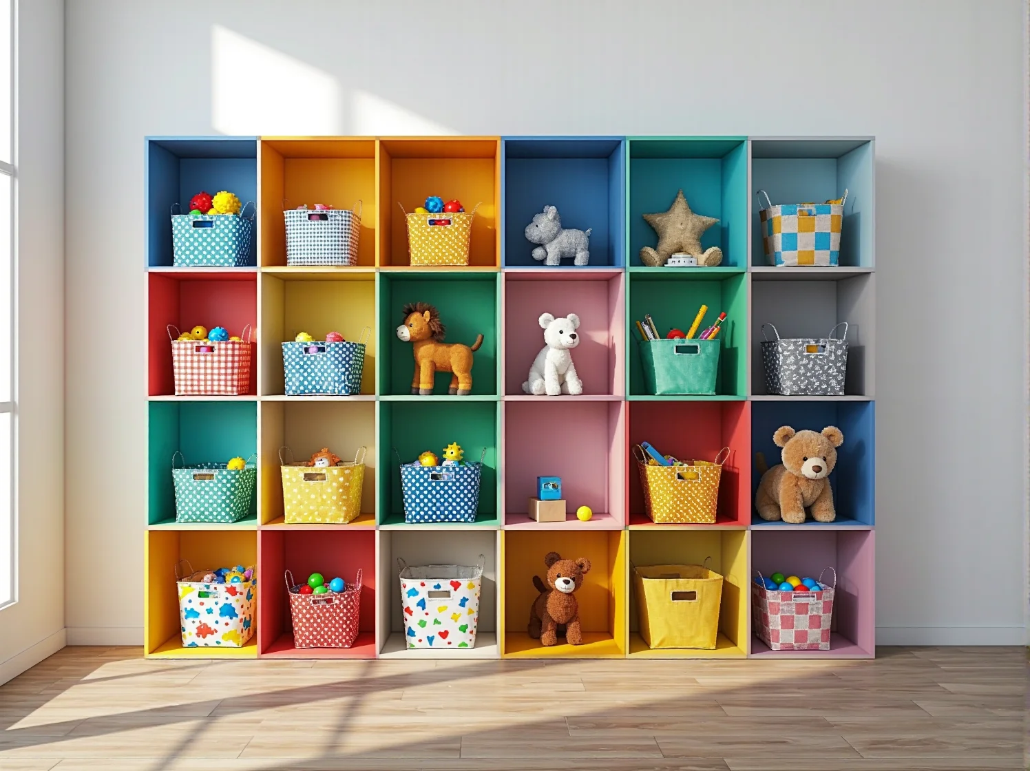 Stabilny i bezpieczny regał na zabawki oraz książki w aranżacji pokoju dziecięcego.