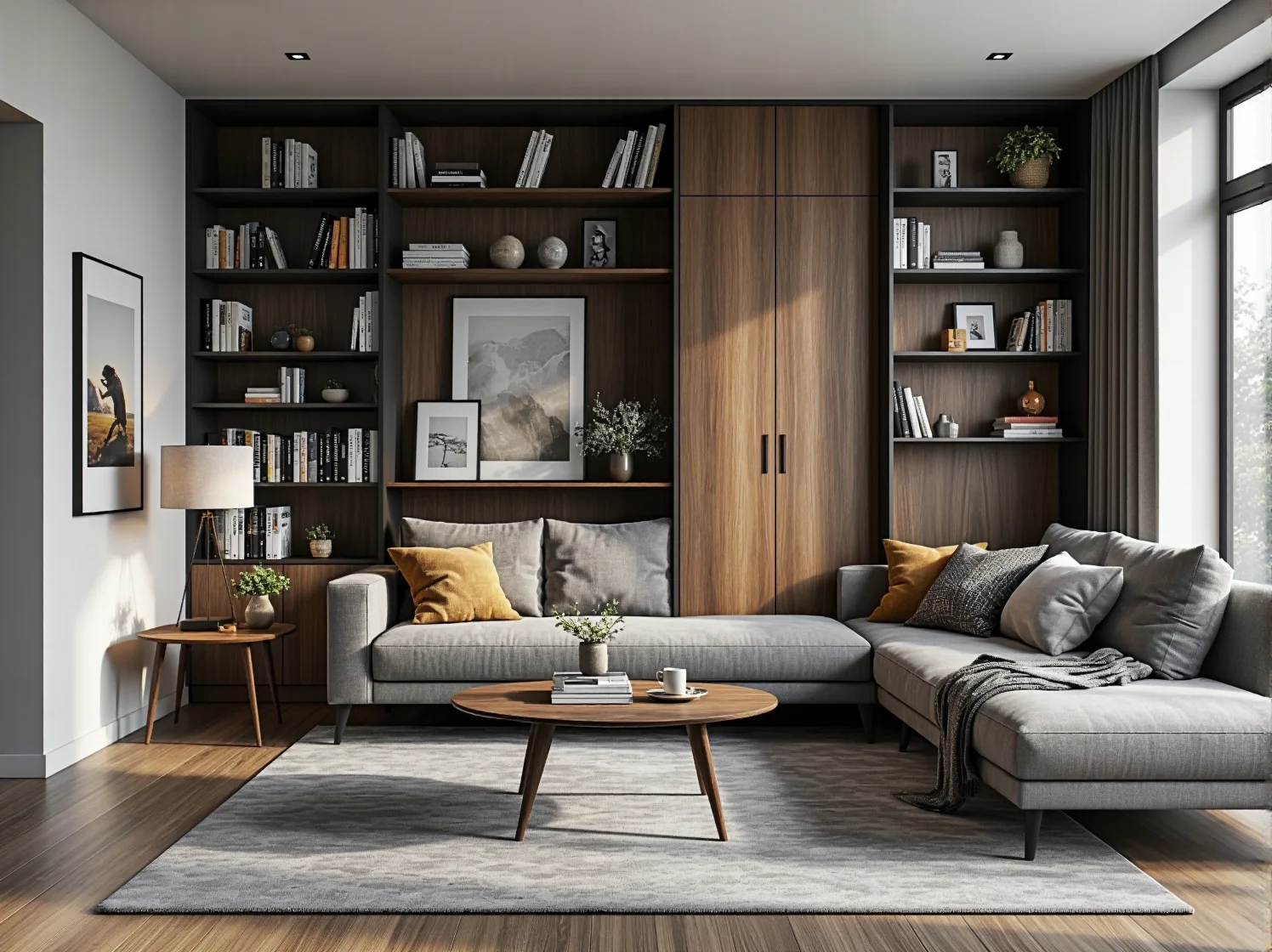 Jasny, wysoki regał narożny w gabinecie, eksponujący książki i dekoracje w stylu modern classic.