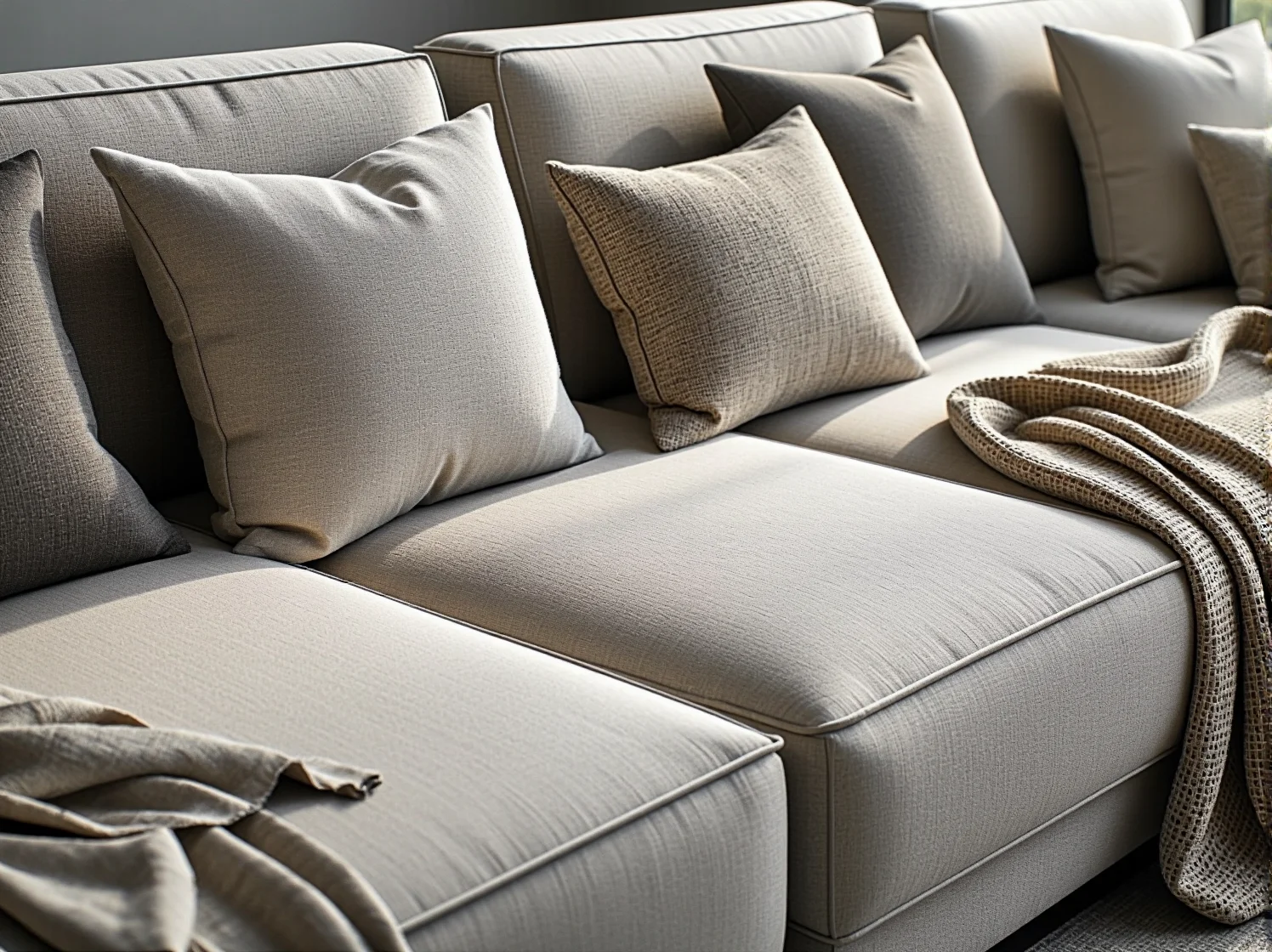 Czyszczenie jasnej tkaniny obiciowej na nowoczesnym narożniku modułowym