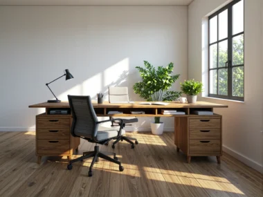 Duże biurko drewniane dąb craft z szufladami i półkami