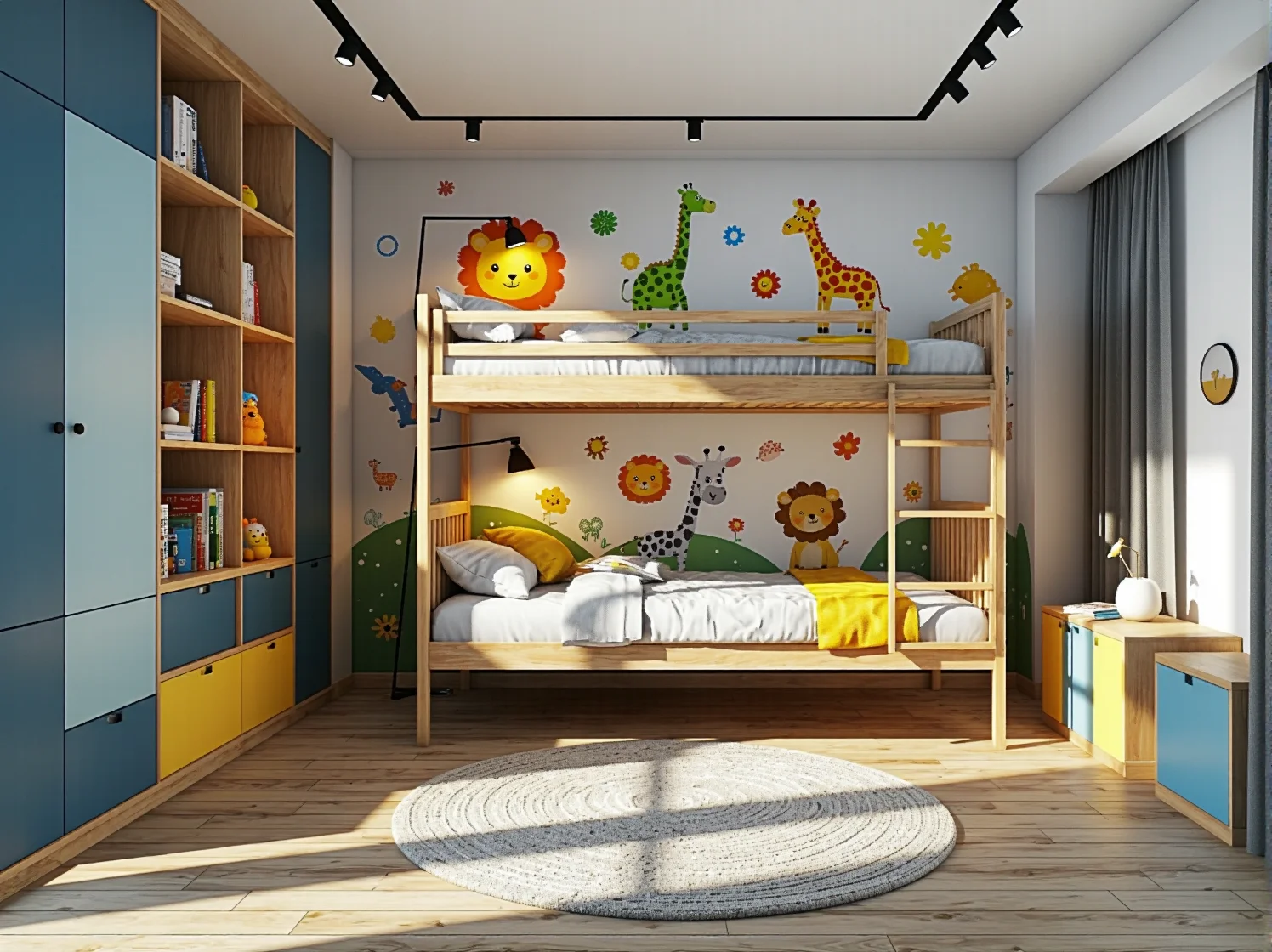 Drewniane łóżko piętrowe o klasycznym designie dopasowane do pokoju rodzeństwa.