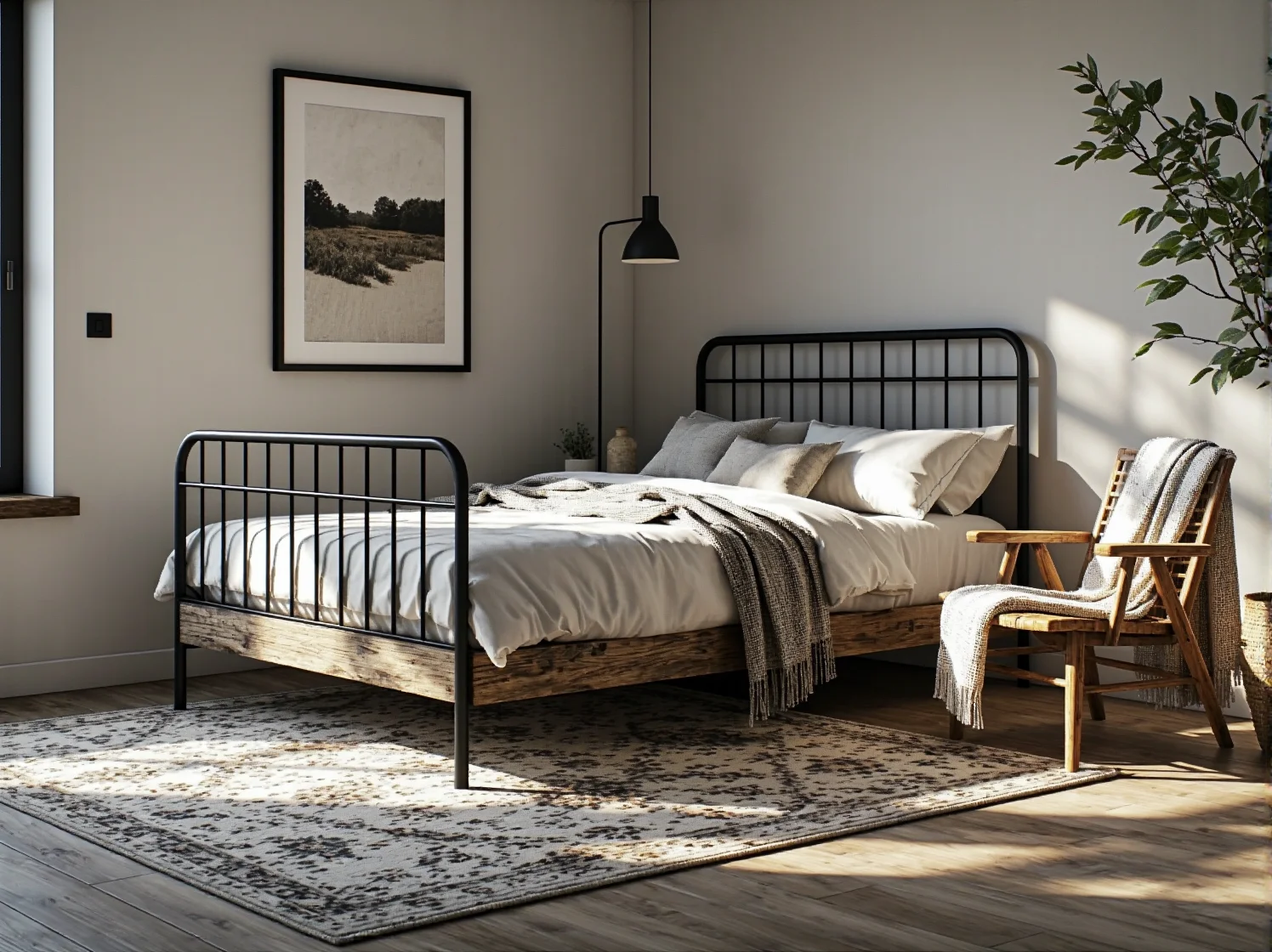 Drewniane łóżko rustykalne z czarnymi okuciami metalowymi w jasnej sypialni.