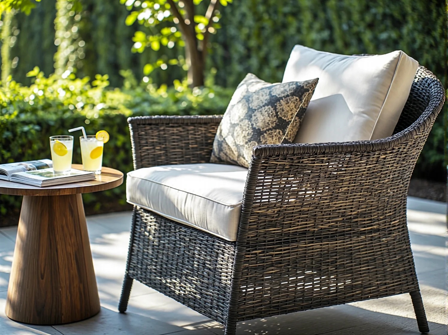 Drewniane meble ogrodowe – stół i krzesła – harmonijnie komponujące się z zielonym tarasem.