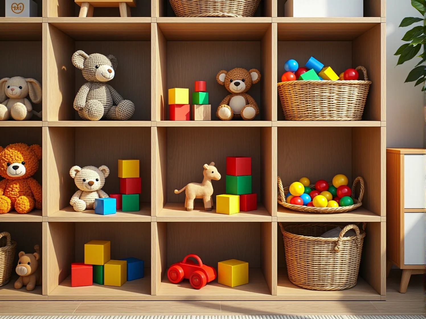 Drewniany regał na zabawki Montessori wspierający rozwój i samodzielność dziecka.