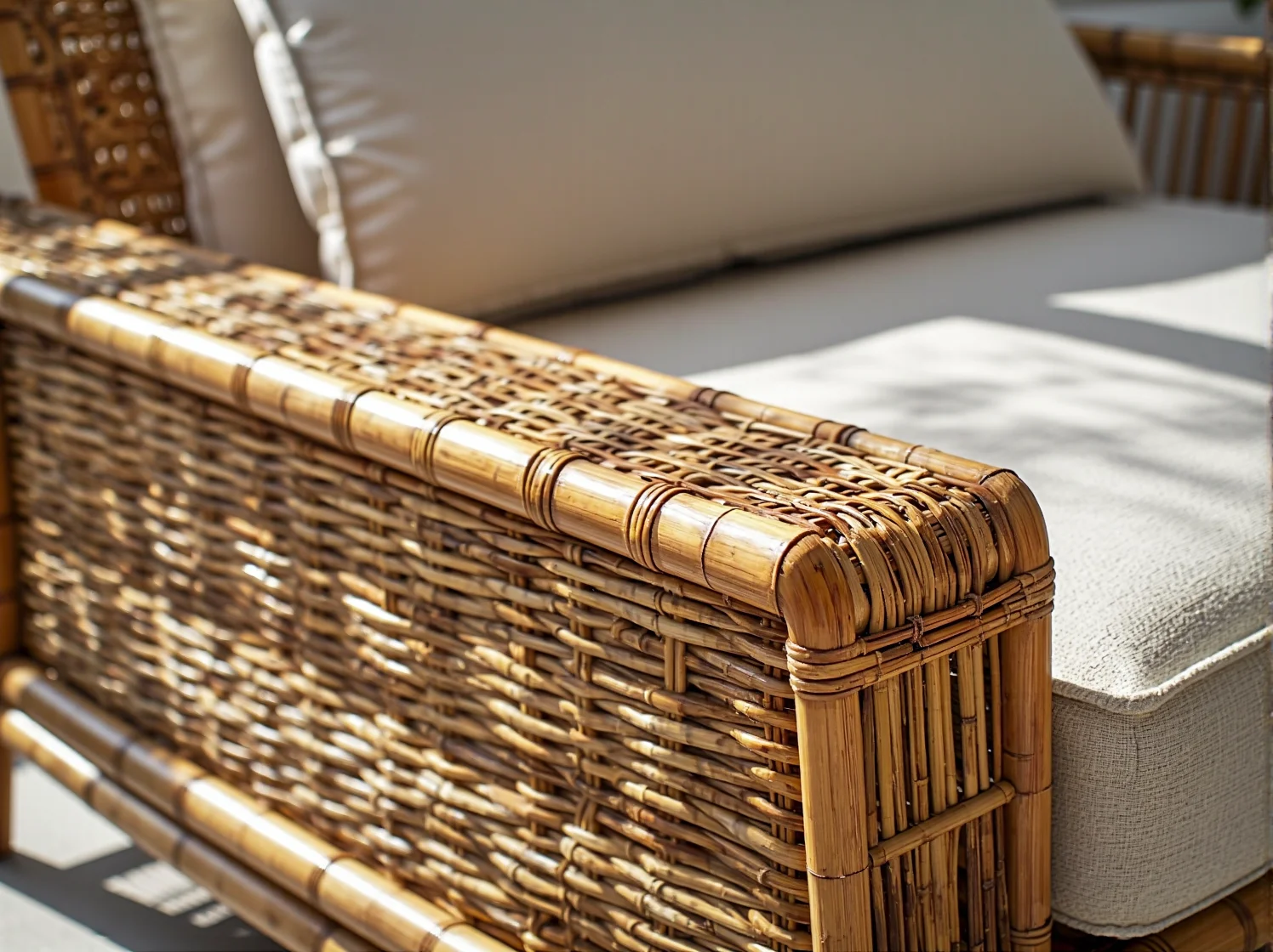 Zbliżenie na naturalną strukturę drewna ekologicznego leżaka ogrodowego.