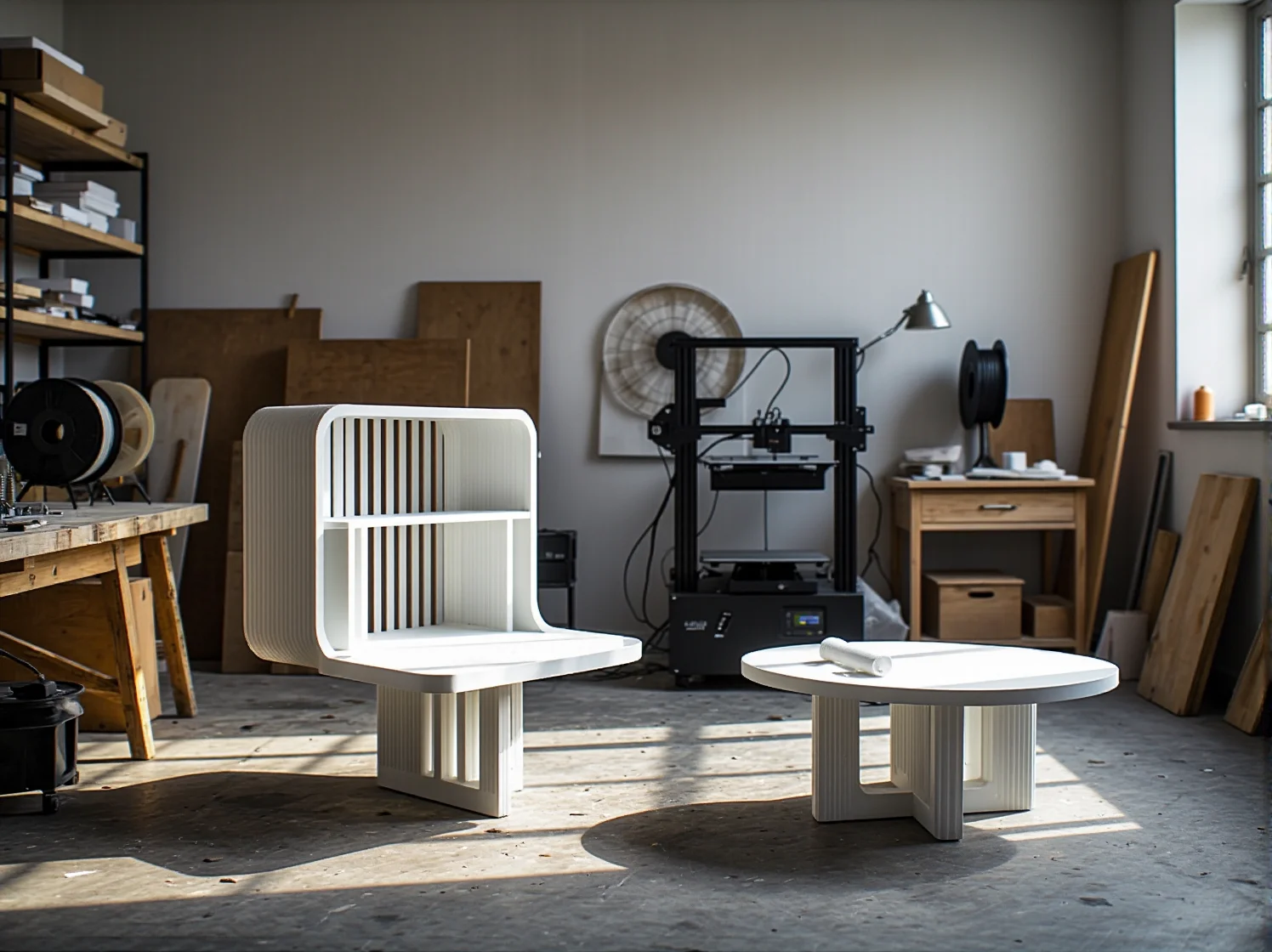 Ekologiczne materiały do druku 3D wykorzystywane w zrównoważonej produkcji mebli przyszłości.