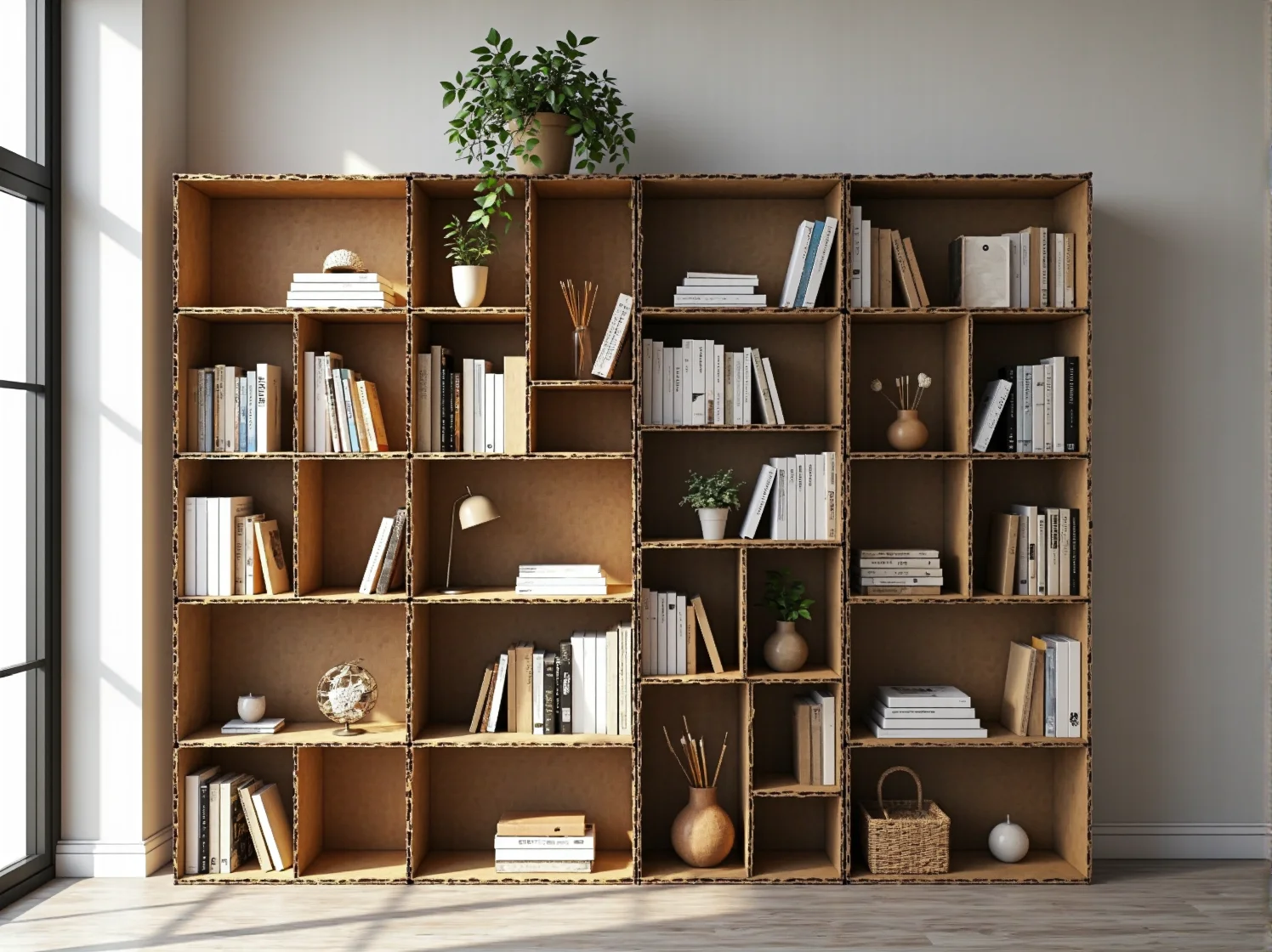 Ekologiczny regał na książki z materiałów z odzysku w aranżacji nowoczesnego salonu.