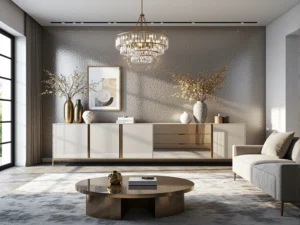 Elegancka komoda glamour biała ze złotymi akcentami i szufladami