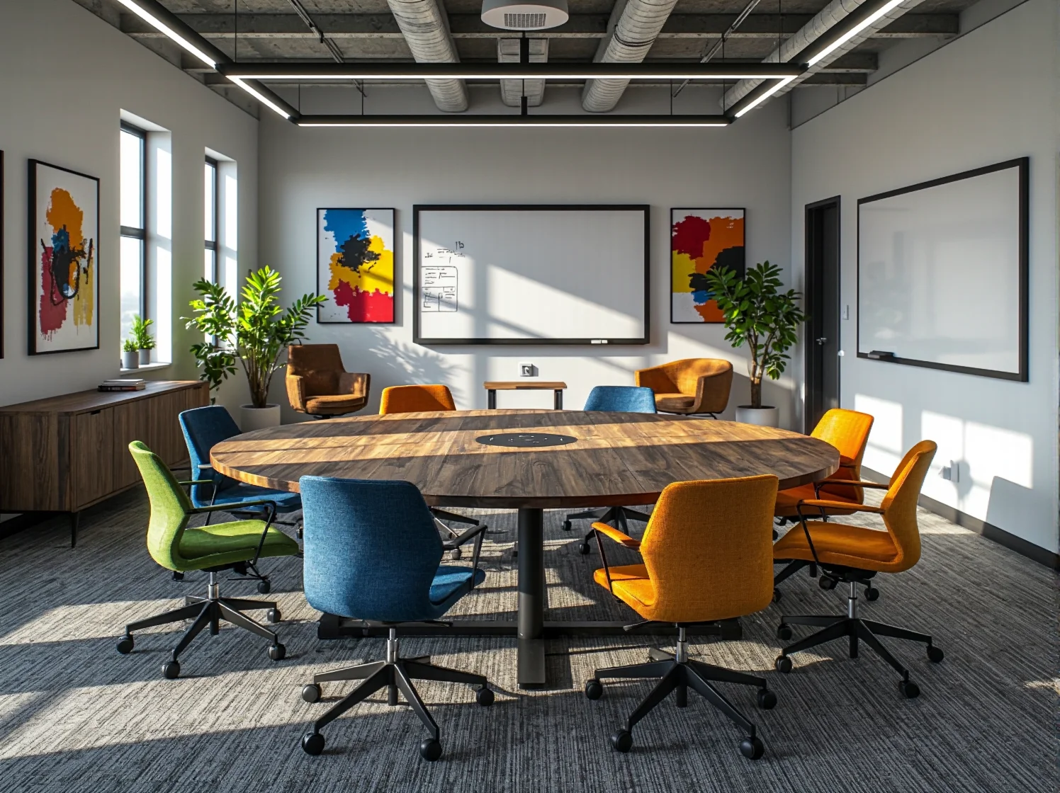 Ergonomiczne stanowisko pracy z regulowanym biurkiem w nowoczesnym wnętrzu biurowym.