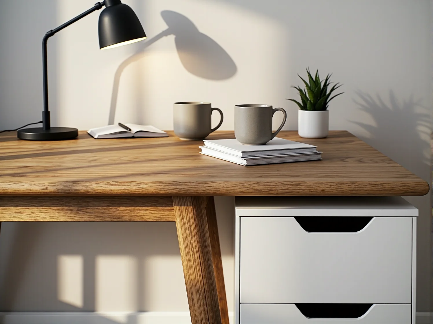 Minimalistyczne biurko z organizerem na akcesoria – inspiracja na porządek w domowym biurze.