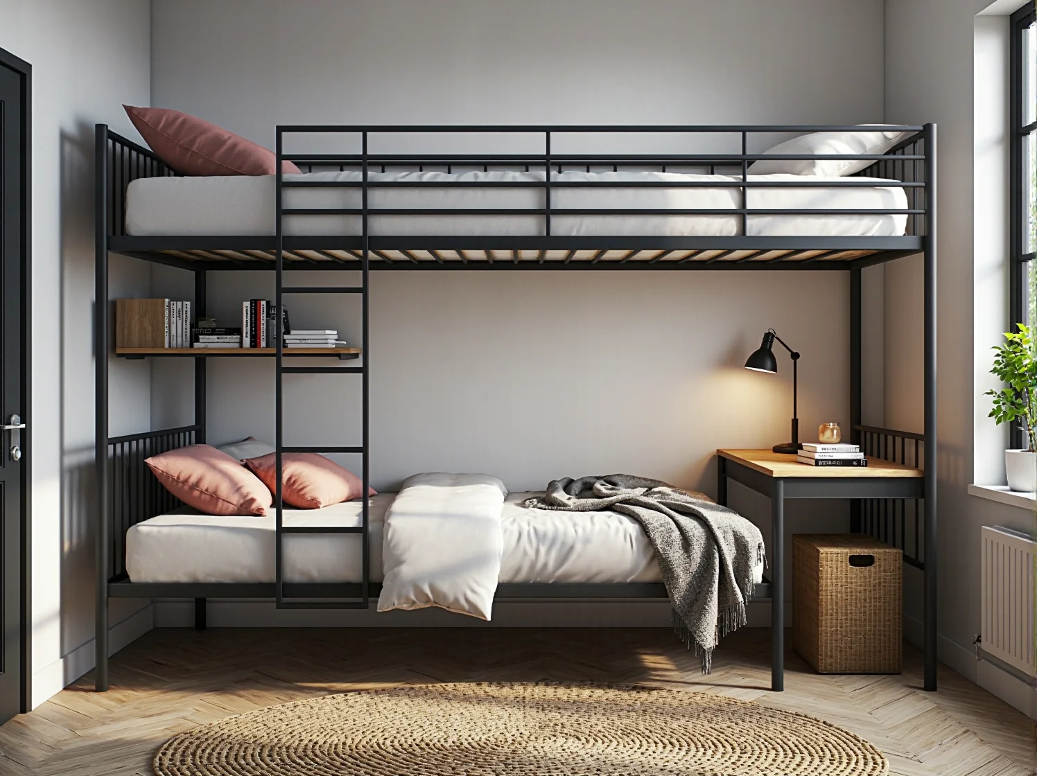 Funkcjonalne łóżko piętrowe z wbudowanym biurkiem, które tworzy wygodną przestrzeń do nauki dla dziecka.