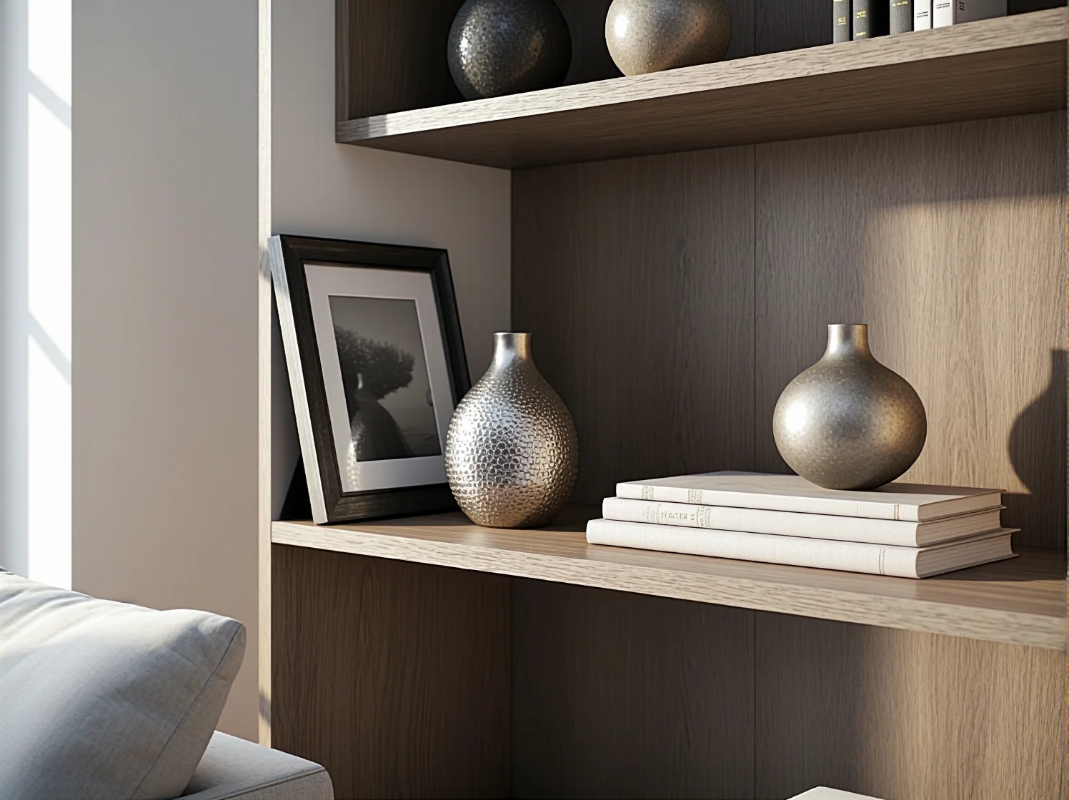 Zbliżenie na detale i dekoracje na półkach regału narożnego, łączące klasykę z nowoczesnością.