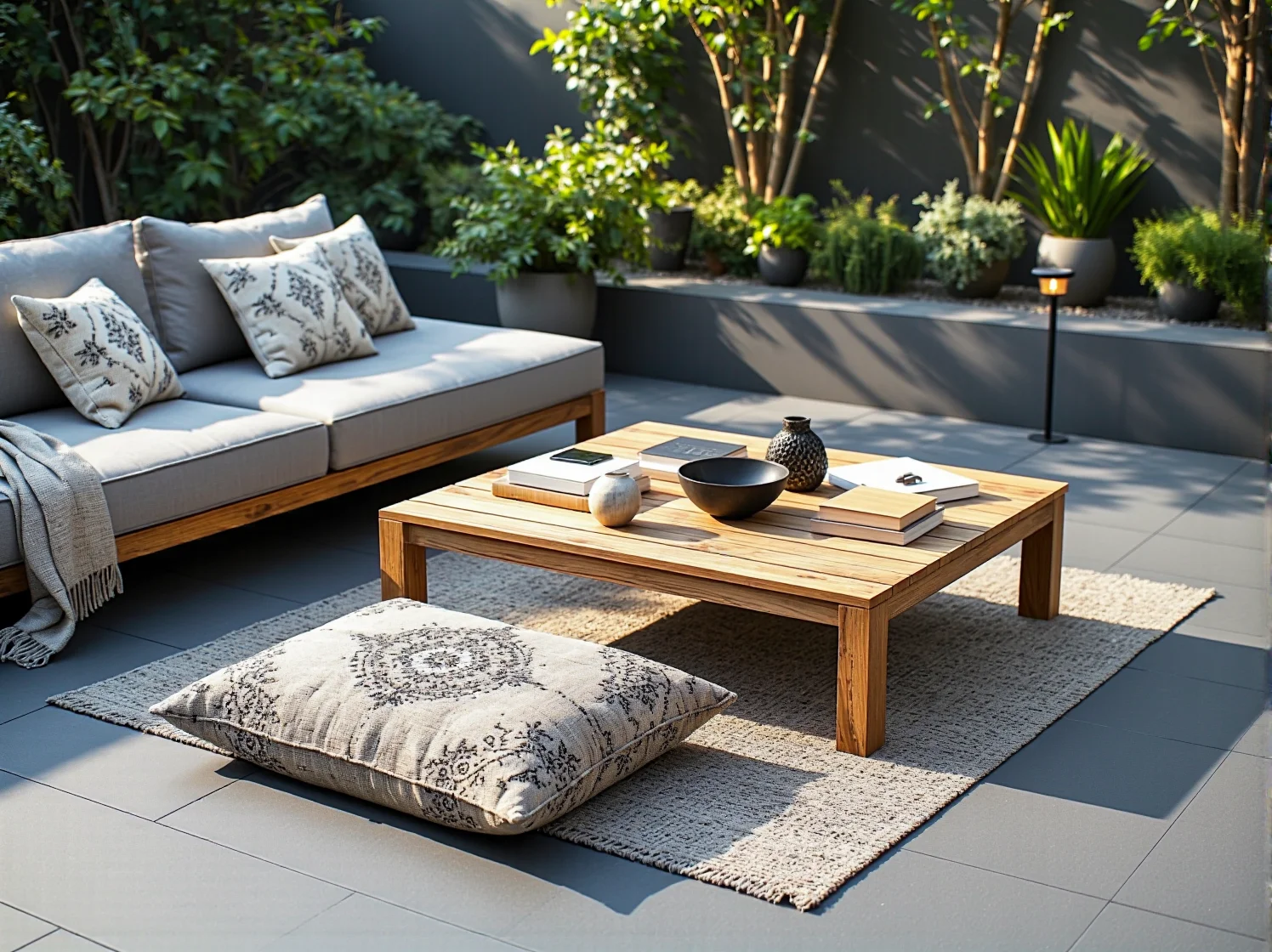 Solarna girlanda ogrodowa nad stołem na tarasie w stylu boho.