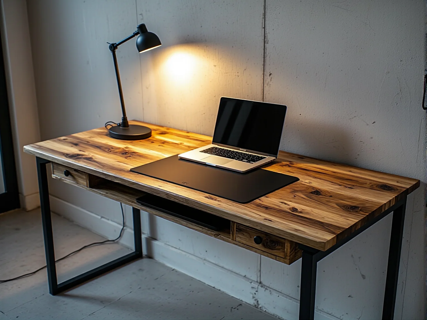 Inteligentne biurko na tle betonowej ściany – idealne połączenie technologii z industrialnym designem.