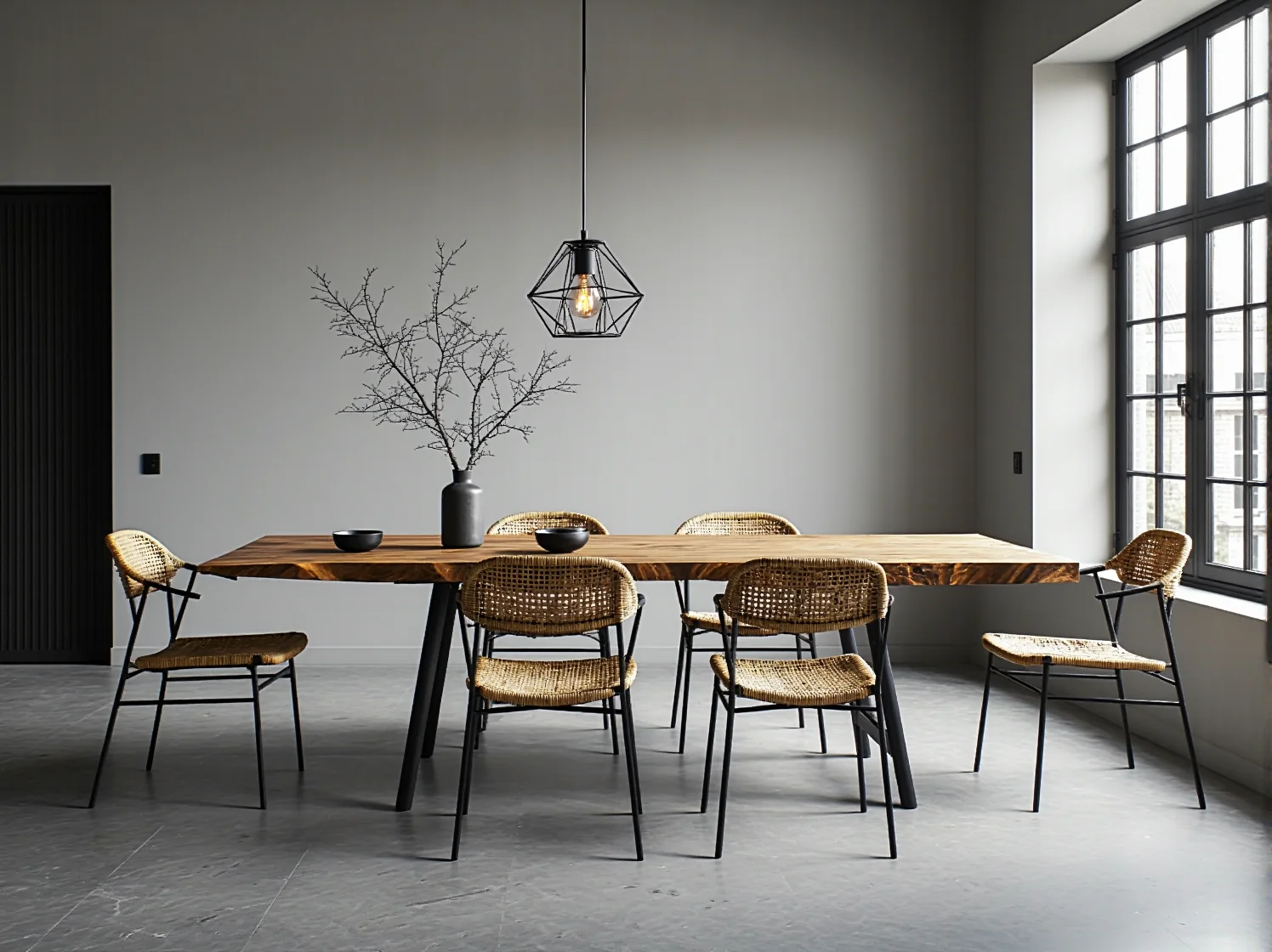 Jadalnia łącząca style: drewniany stół i proste krzesła w duchu japandi przy industrialnej ścianie z cegły.