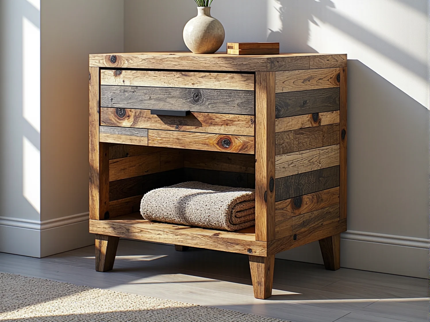 Krok po kroku: skręcanie konstrukcji stolika z odzyskanego drewna.