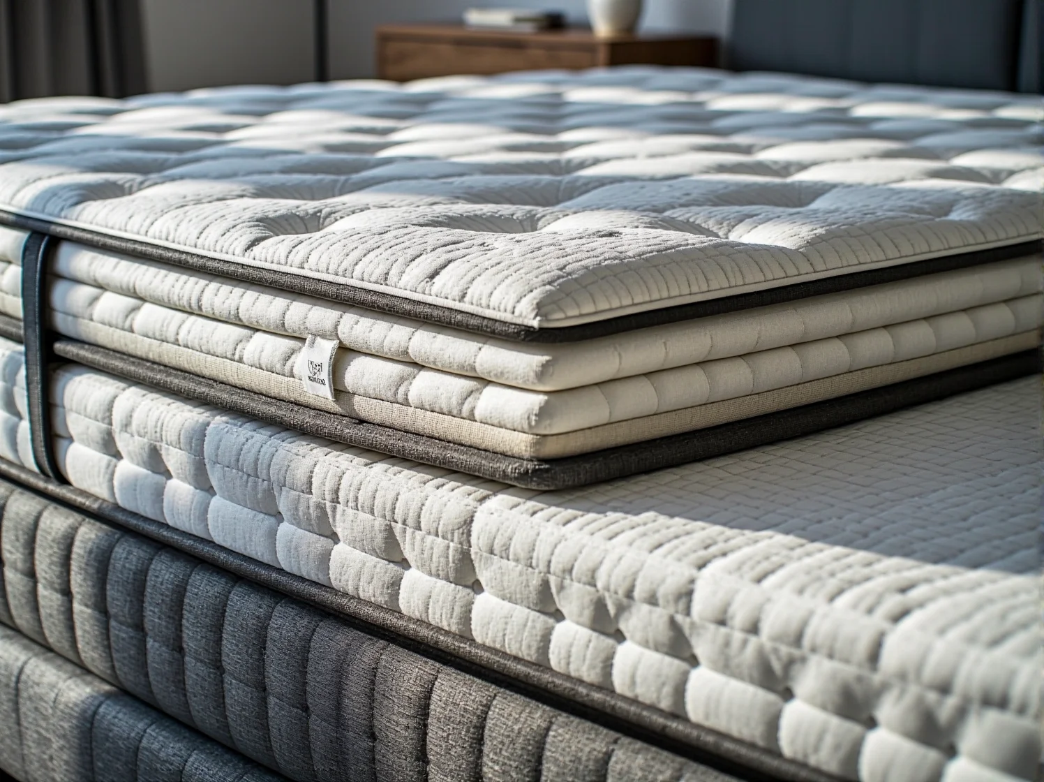 Dłoń delikatnie naciskająca na materac, aby sprawdzić jego twardość. W tle widoczne są różne rodzaje materacy.