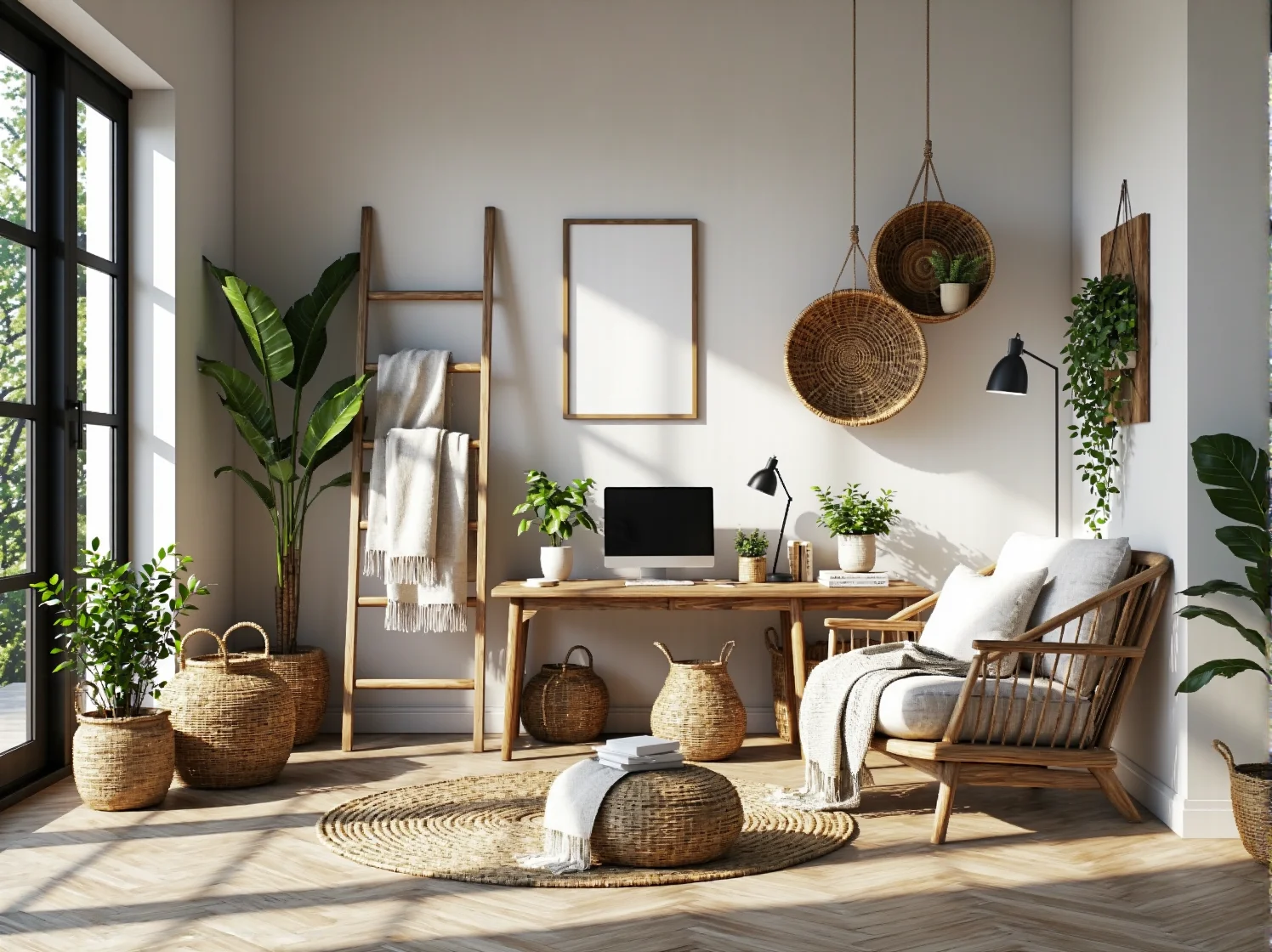 Funkcjonalne miejsce do nauki dla dziecka w stylu boho, z wygodnym biurkiem i ergonomicznym krzesłem.