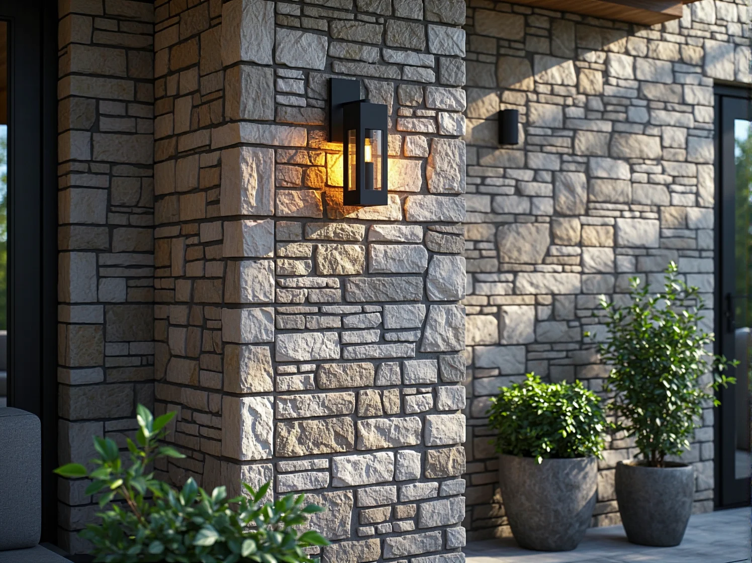 Nowoczesne lampy ścienne zamontowane na kamiennej fasadzie, tworzące grę świateł i cieni.
