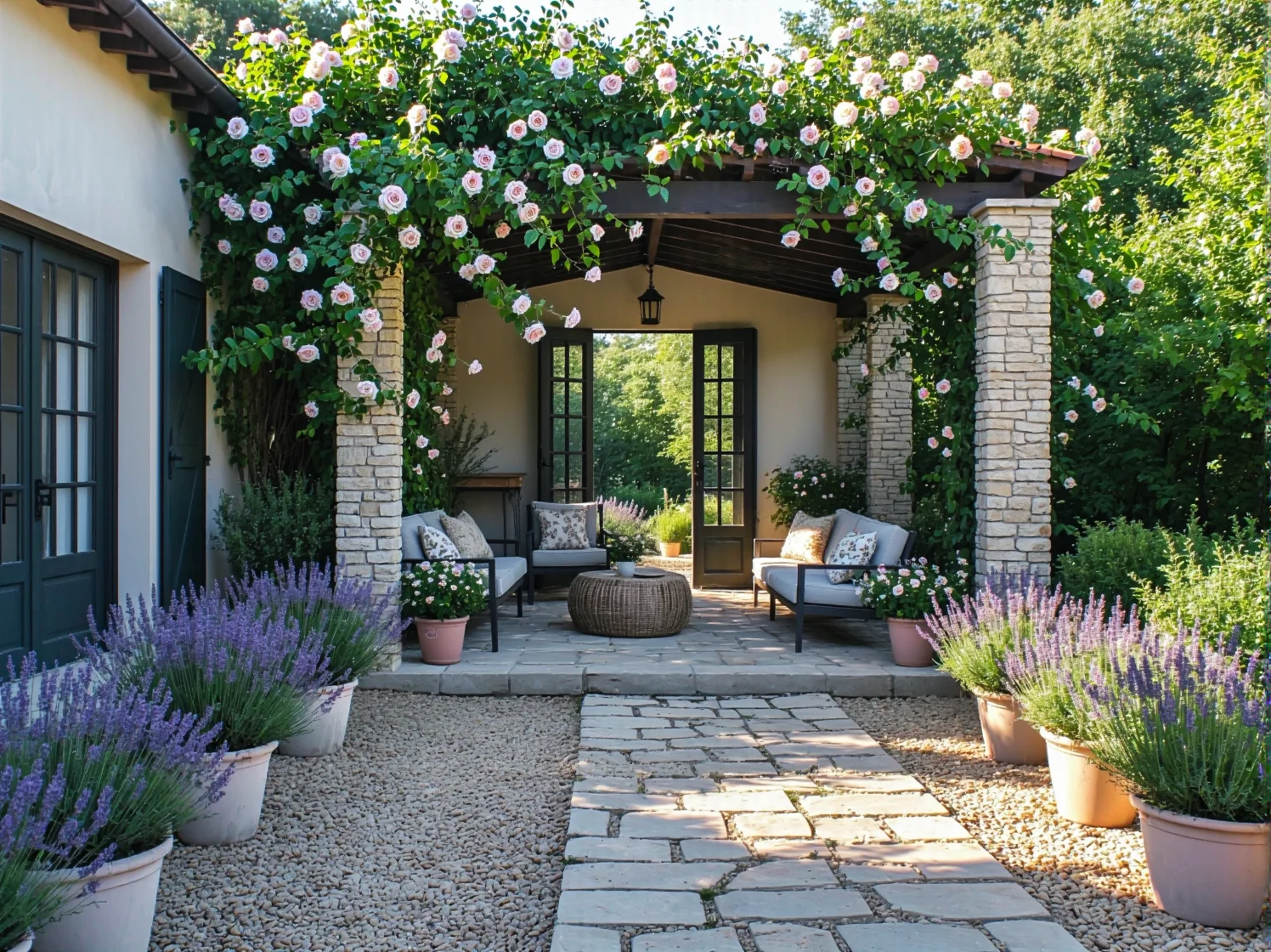 Ozdobne kinkiety LED na słupach altany prowansalskiej w otoczeniu roślin.