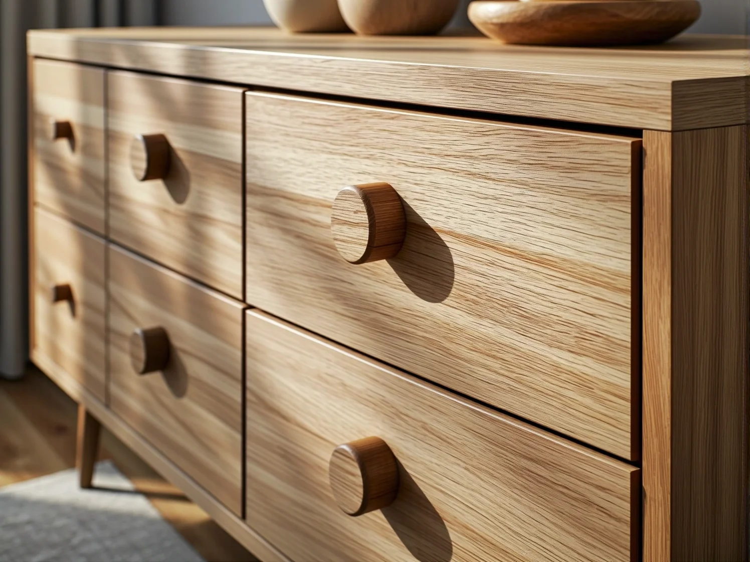 Zbliżenie na szuflady i drewniane uchwyty komody w stylu skandynawskim. Funkcjonalność i design.