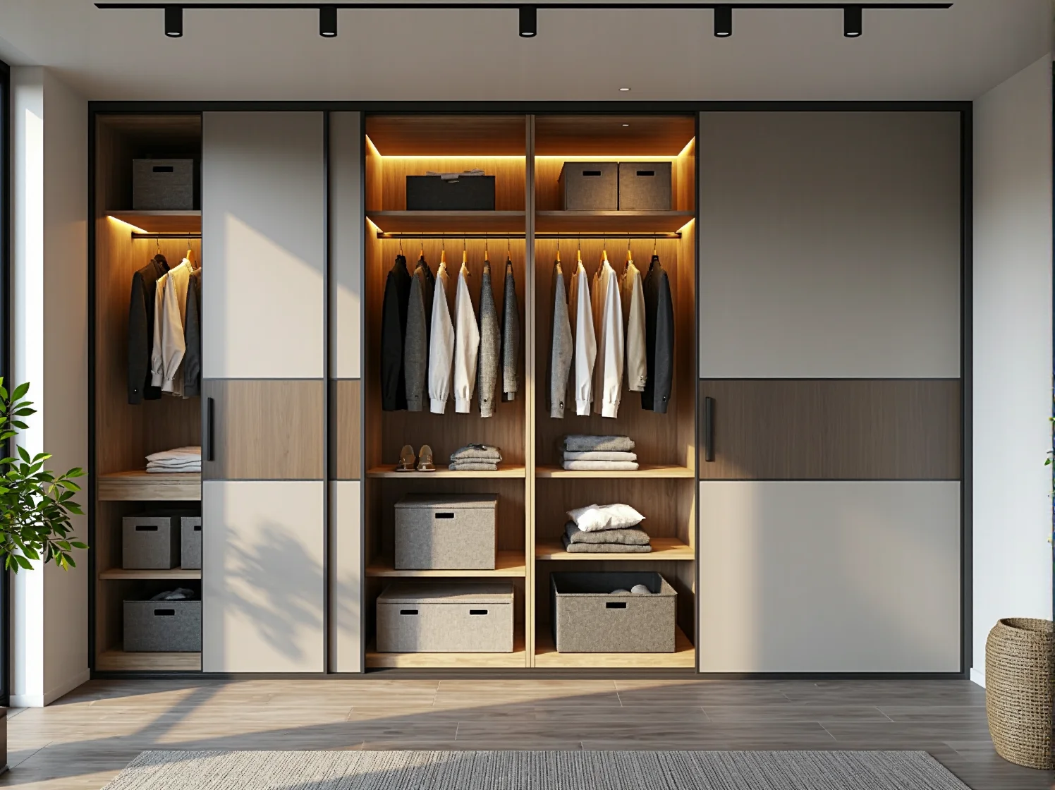 Kompaktowa szafa przesuwna w wąskiej sypialni idealnie dopasowana do wnęki.