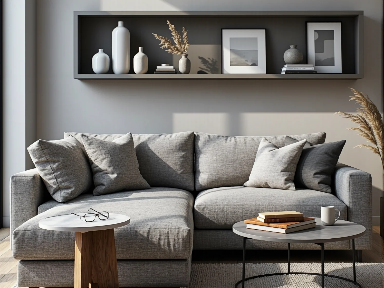 Kontrastowy narożnik w jasnym wnętrzu jako element przełamujący neutralną kolorystykę.