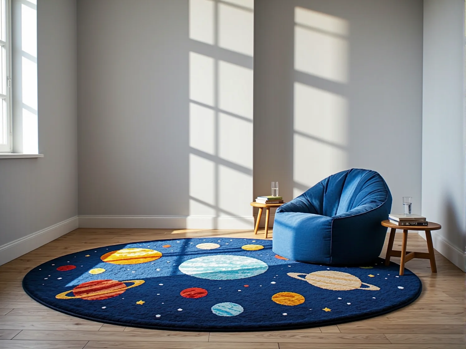 Kreatywny kącik do nauki i zabawy w pokoju dziecięcym z kolorowymi akcesoriami.