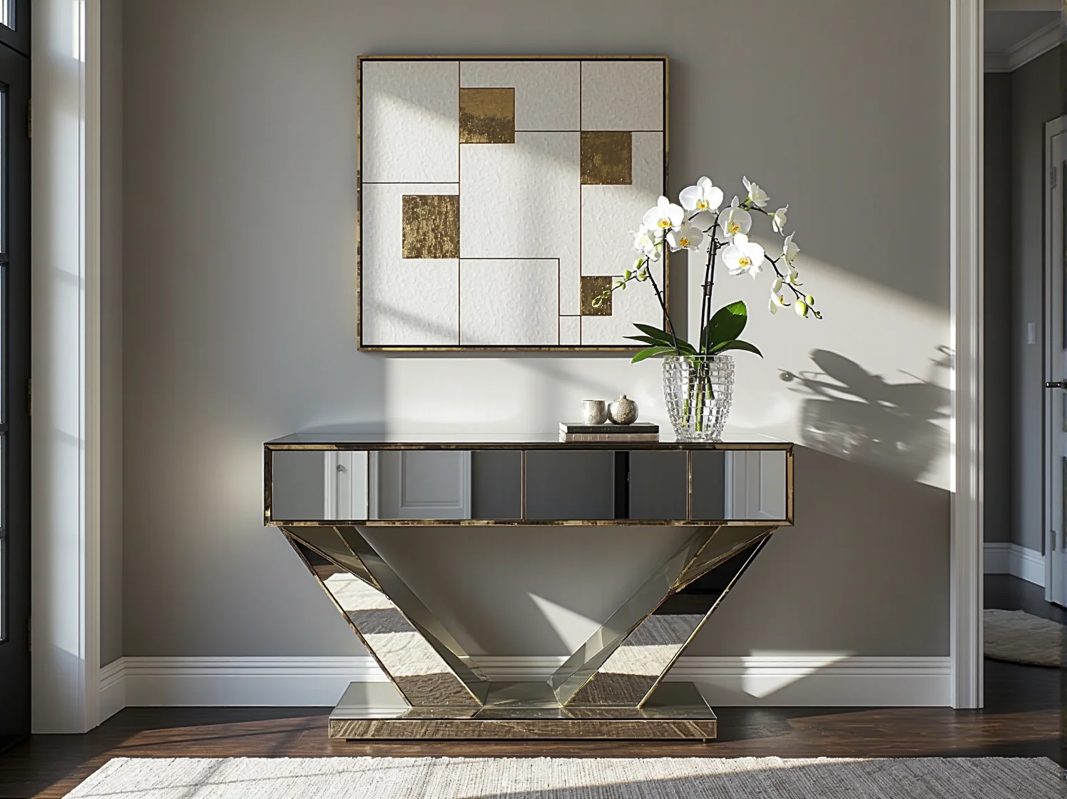 Eleganckie krzesła glamour przy prostym, drewnianym stole w jadalni.