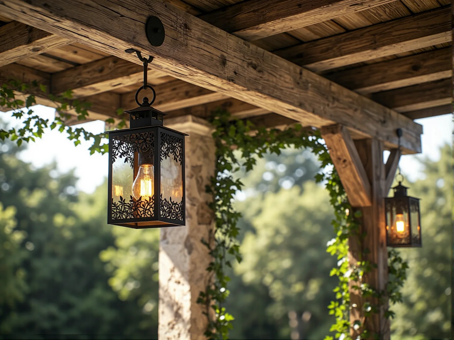 Metalowa lampa wisząca LED w stylu prowansalskim nad drewnianym stołem.