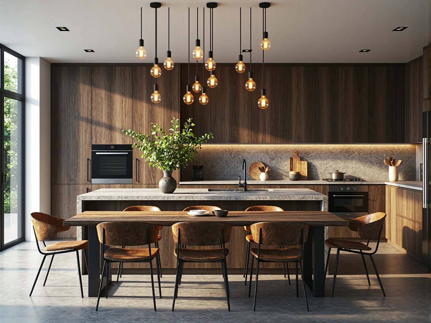 Metalowa lampa wisząca z żarówką Edisona podkreślająca surowy styl industrialny wnętrza.