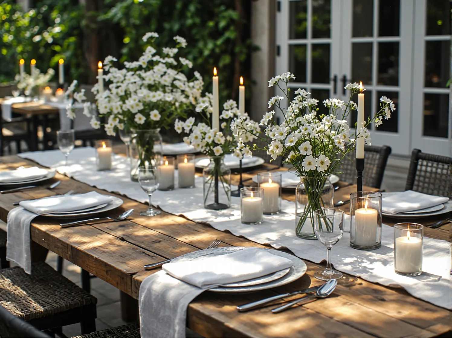 Dekoracyjne lampiony i lampy solarne oświetlające ścieżkę w ogrodzie na przyjęcie.