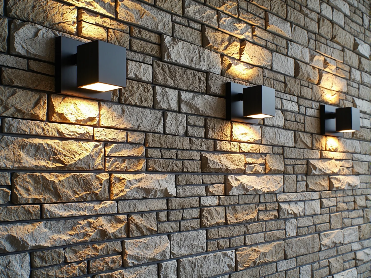 Zbliżenie na oświetlenie punktowe wydobywające strukturę piaskowca na elewacji budynku.