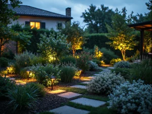 Lampy ogrodowe słupkowe i reflektory podświetlające rośliny przy ścieżce
