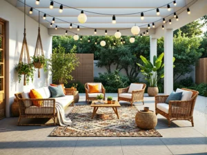 Rattanowy zestaw mebli ogrodowych z białymi poduszkami w stylu boho