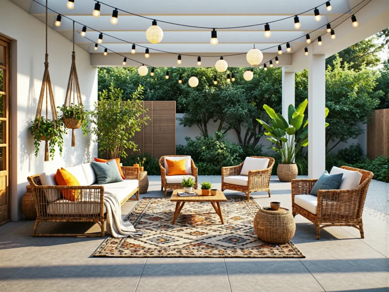 Rattanowy zestaw mebli ogrodowych z białymi poduszkami w stylu boho