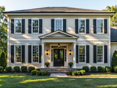 Czarna latarnia zewnętrzna w stylu kolonialnym przy wejściu do domu