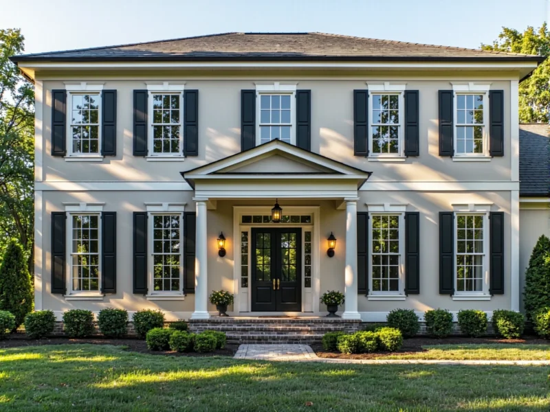 Czarna latarnia zewnętrzna w stylu kolonialnym przy wejściu do domu