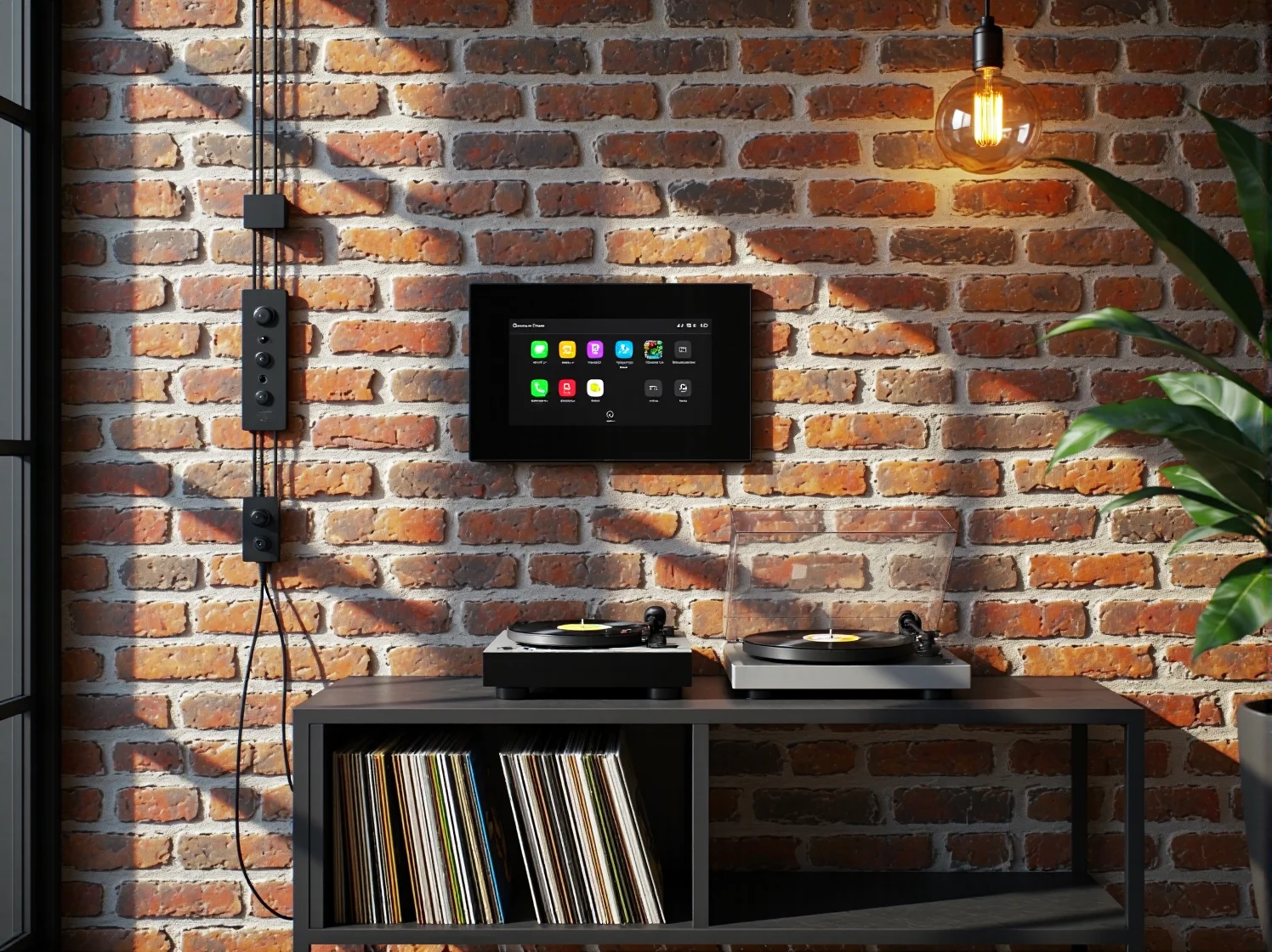 Minimalistyczne meble technologiczne w otwartym lofcie, podkreślające surowy charakter industrialnego wnętrza.