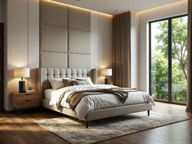 Łóżko kontynentalne beżowe z tapicerowanym pikowanym zagłówkiem