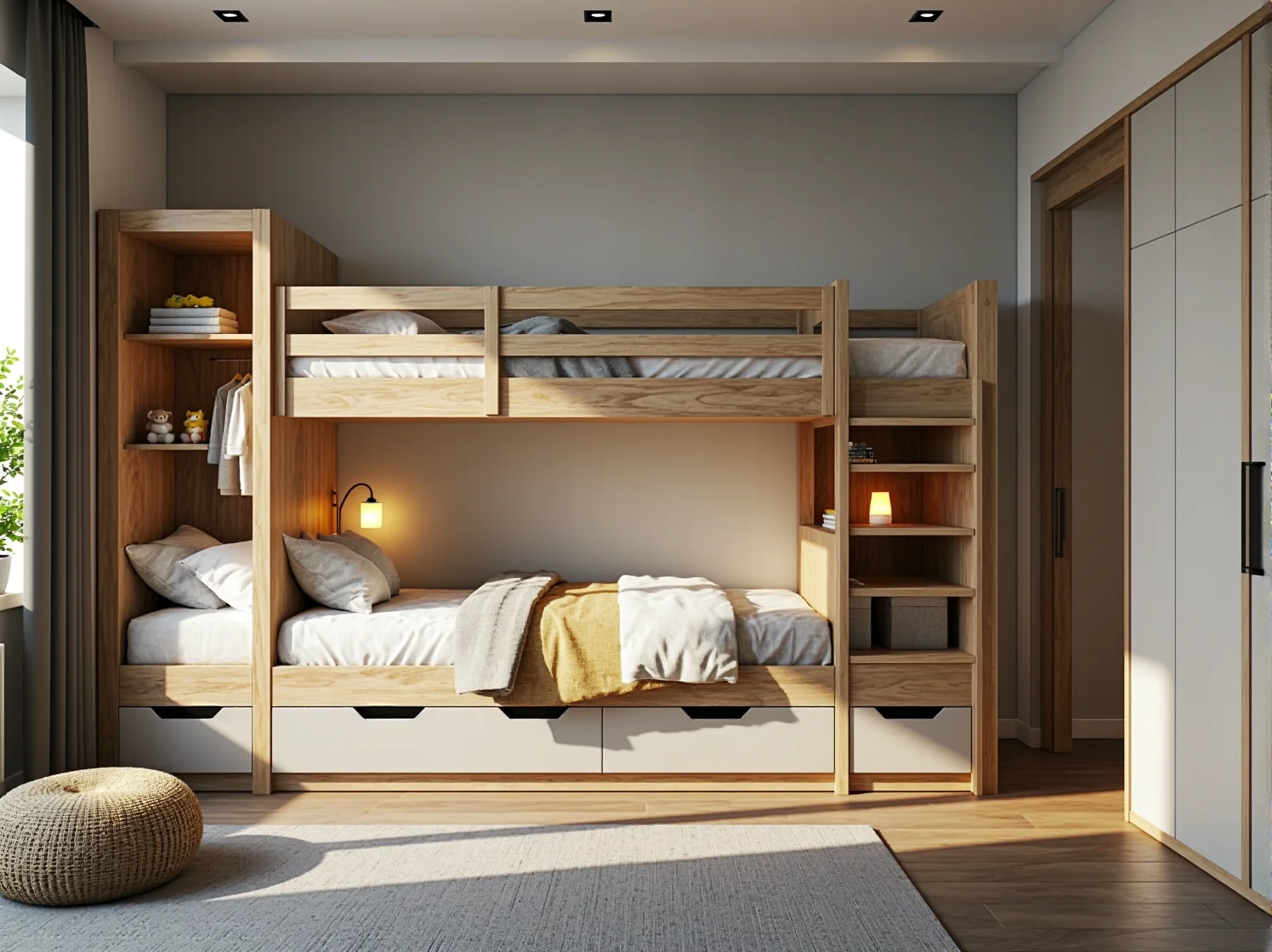 Funkcjonalne łóżko piętrowe z szufladami na pościel w małym pokoju dziecięcym.