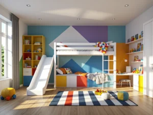 Białe łóżko piętrowe ze zjeżdżalnią i kolorowymi szufladami