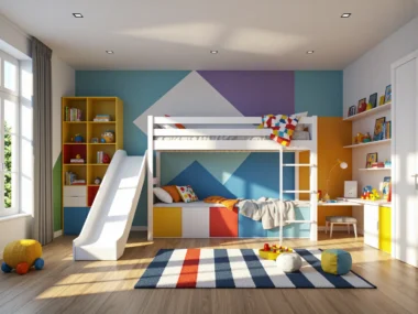 Białe łóżko piętrowe ze zjeżdżalnią i kolorowymi szufladami