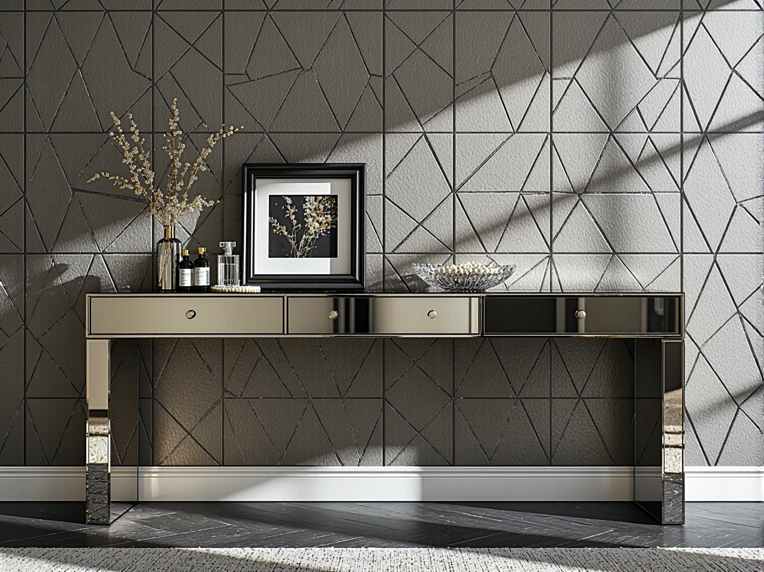 Zbliżenie na marmurowy blat i błyszczącą podstawę stołu, cechy charakterystyczne dla stylu glamour.