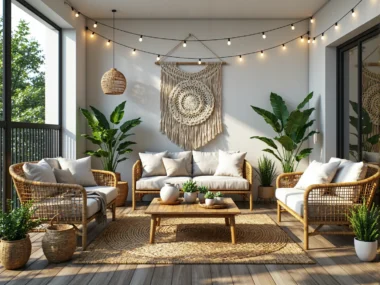 Ratanowy zestaw wypoczynkowy z sofą i fotelami w kolorze naturalnym